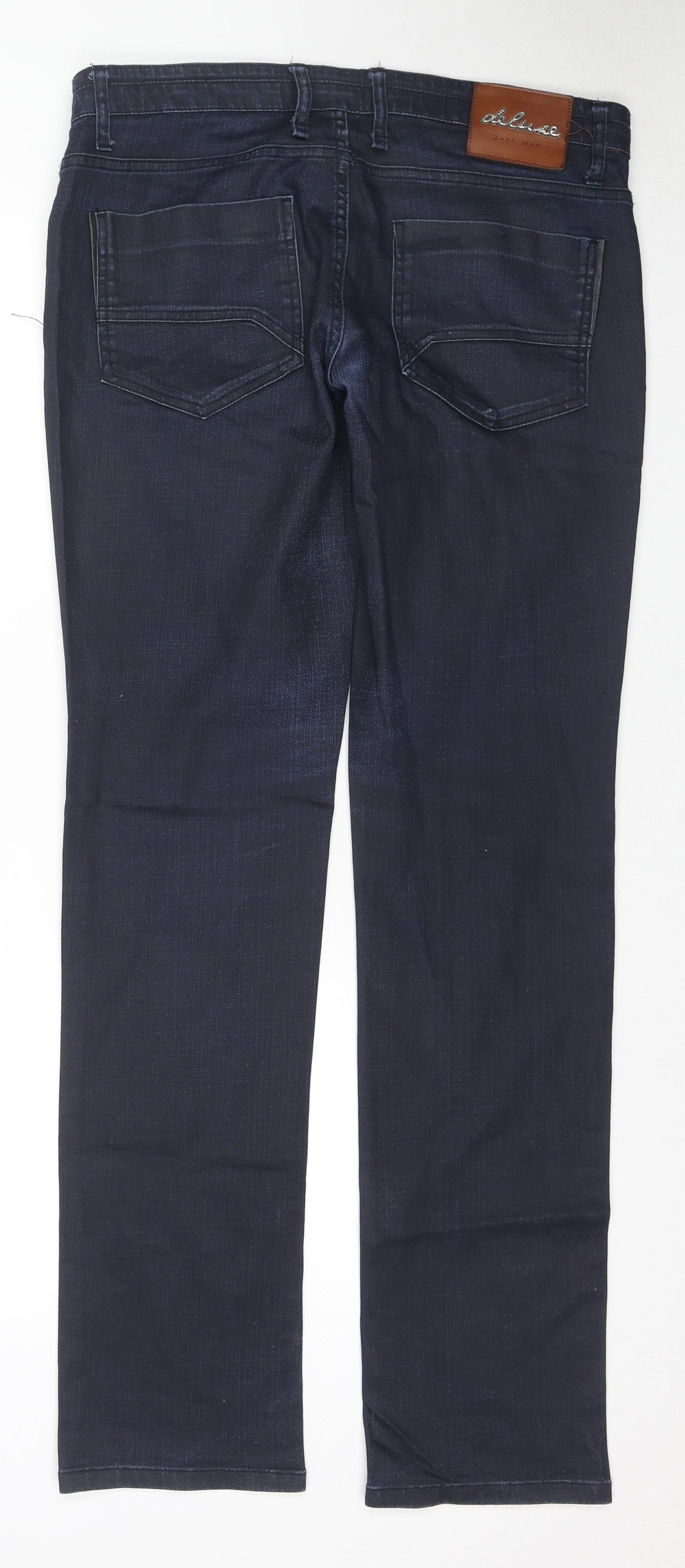 Zara Mens Blue Cotton Straight Jeans Size 36 in L33 in Regular Zip