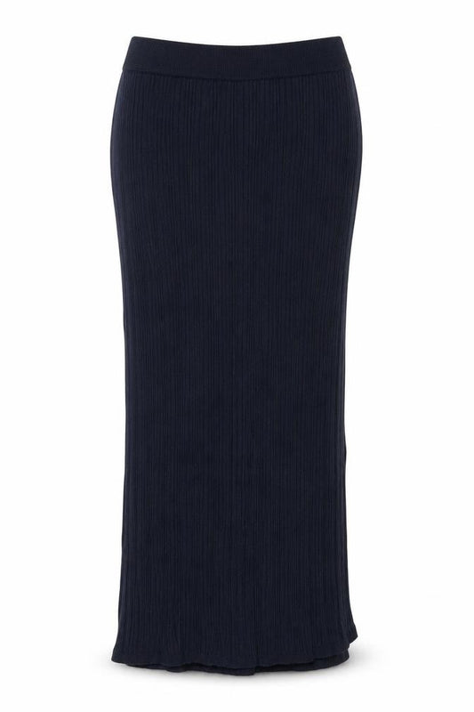 Front view of Marks & Spencer women’s blue viscose maxi skirt, size M, - side slit(s)