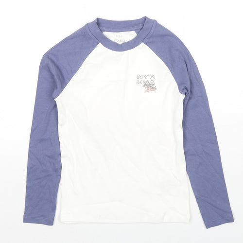 Marks and Spencer Girls White Colourblock Cotton Jersey T-Shirt Size 8-9 Years Round Neck Pullover - N.Y.C USA