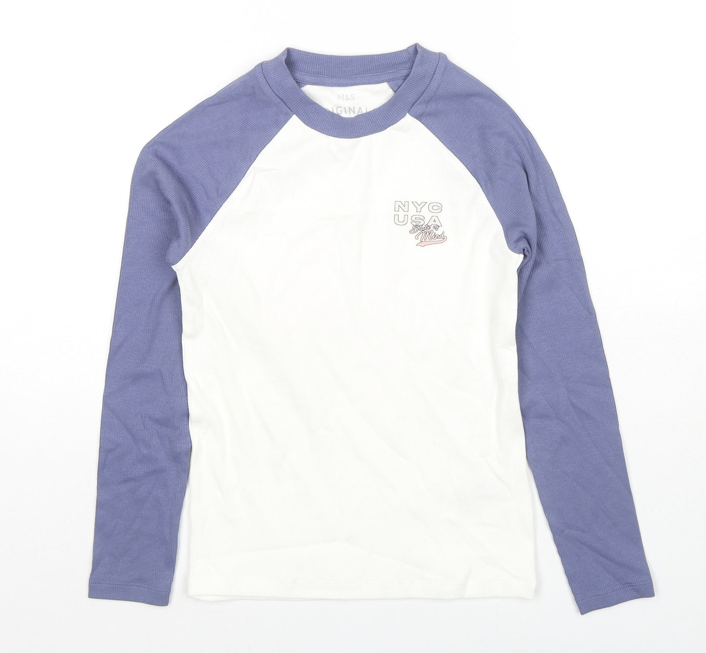 Marks and Spencer Girls White Colourblock Cotton Jersey T-Shirt Size 8-9 Years Round Neck Pullover - N.Y.C USA