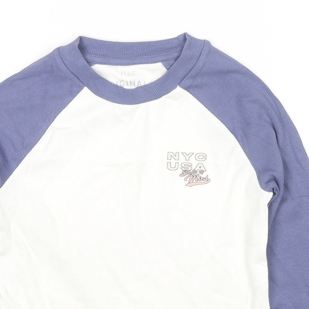 Marks and Spencer Girls White Colourblock Cotton Jersey T-Shirt Size 8-9 Years Round Neck Pullover - N.Y.C USA