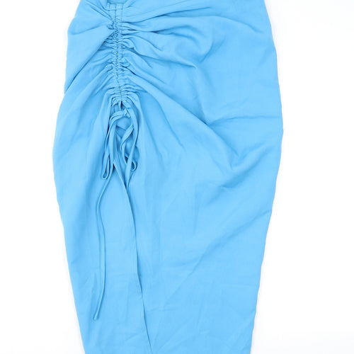 PRETTYLITTLETHING Womens Blue Polyester Straight & Pencil Skirt Size 10 Zip - Slit Ruched