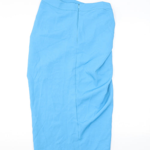 PRETTYLITTLETHING Womens Blue Polyester Straight & Pencil Skirt Size 10 Zip - Slit Ruched