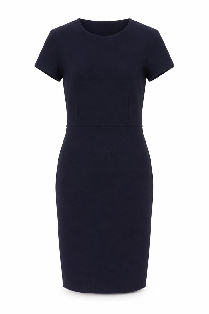 Front view of Boohoo women’s blue polyester bodycon, size UK 10, round neck tie