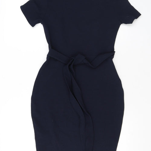 Boohoo Womens Blue Polyester Bodycon Size 10 Round Neck Tie