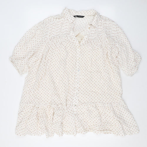 Zara Womens Ivory Polka Dot Polyester Shirt Dress Size XS Collared Button