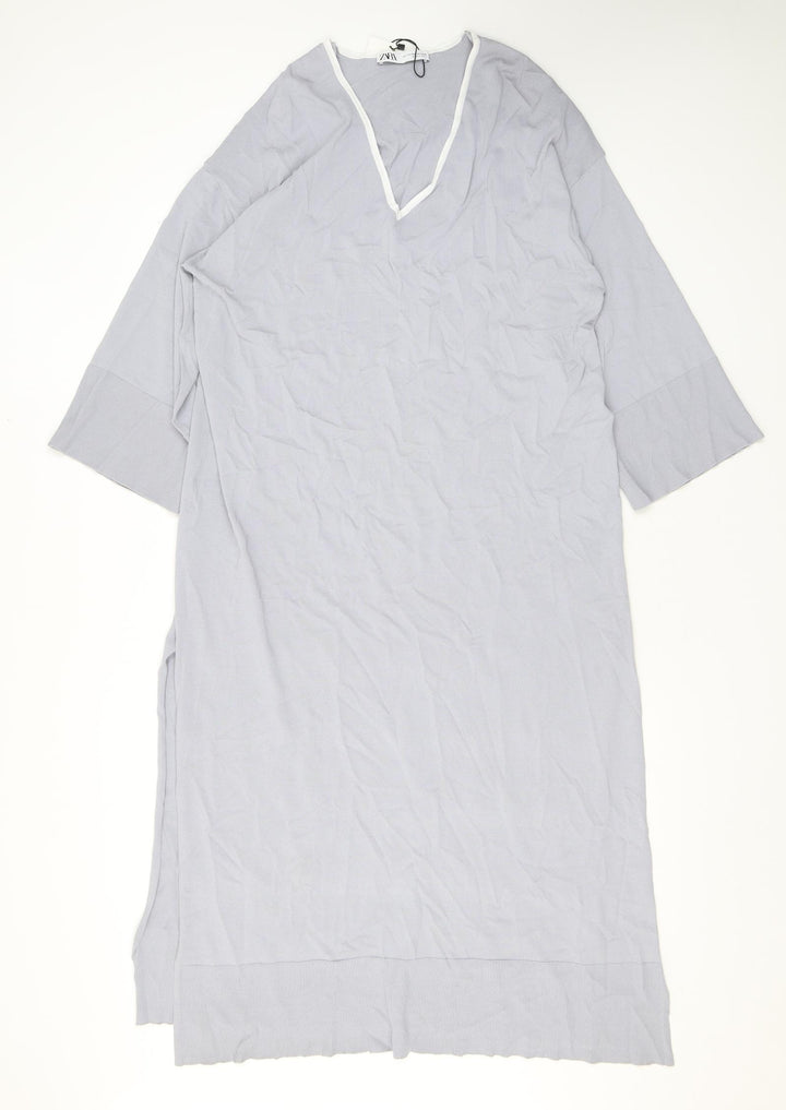 Zara Womens Grey Viscose T-Shirt Dress Size XS V-Neck Pullover - Slit