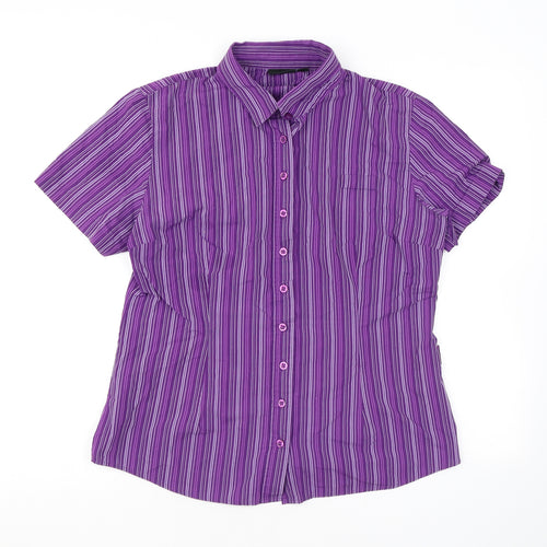 Dimensions Womens Purple Striped Polyester Basic Button-Up Size 14 Collared
