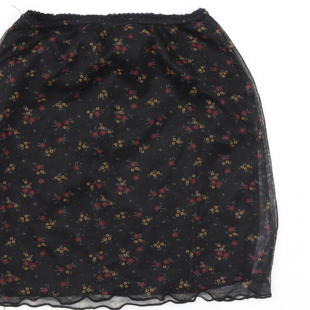 PRETTYLITTLETHING Womens Black Floral Polyester Mini Skirt Size 6