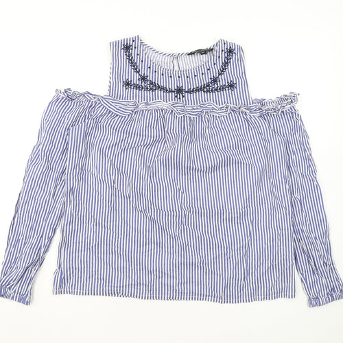 Dorothy Perkins Womens Blue Striped Cotton Basic Blouse Size 14 Round Neck - Cold Shoulder