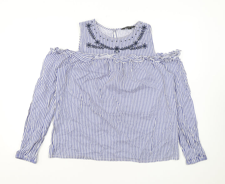 Dorothy Perkins Womens Blue Striped Cotton Basic Blouse Size 14 Round Neck - Cold Shoulder
