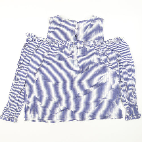 Dorothy Perkins Womens Blue Striped Cotton Basic Blouse Size 14 Round Neck - Cold Shoulder