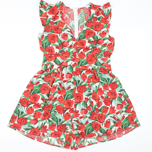 Ikoone & Blanka Womens Red Floral Polyester Playsuit One-Piece Size S L4 in Zip