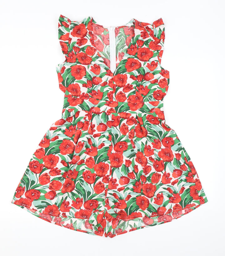 Ikoone & Blanka Womens Red Floral Polyester Playsuit One-Piece Size S L4 in Zip