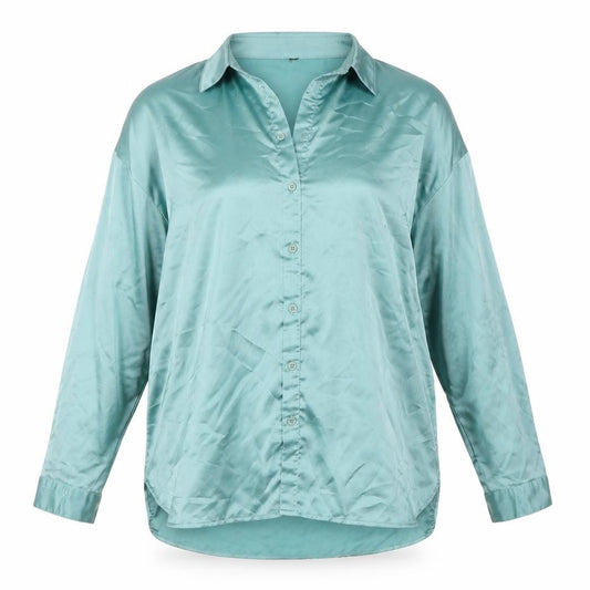 Front view of Missguided women’s green polyester basic button-up, size UK 10, collared