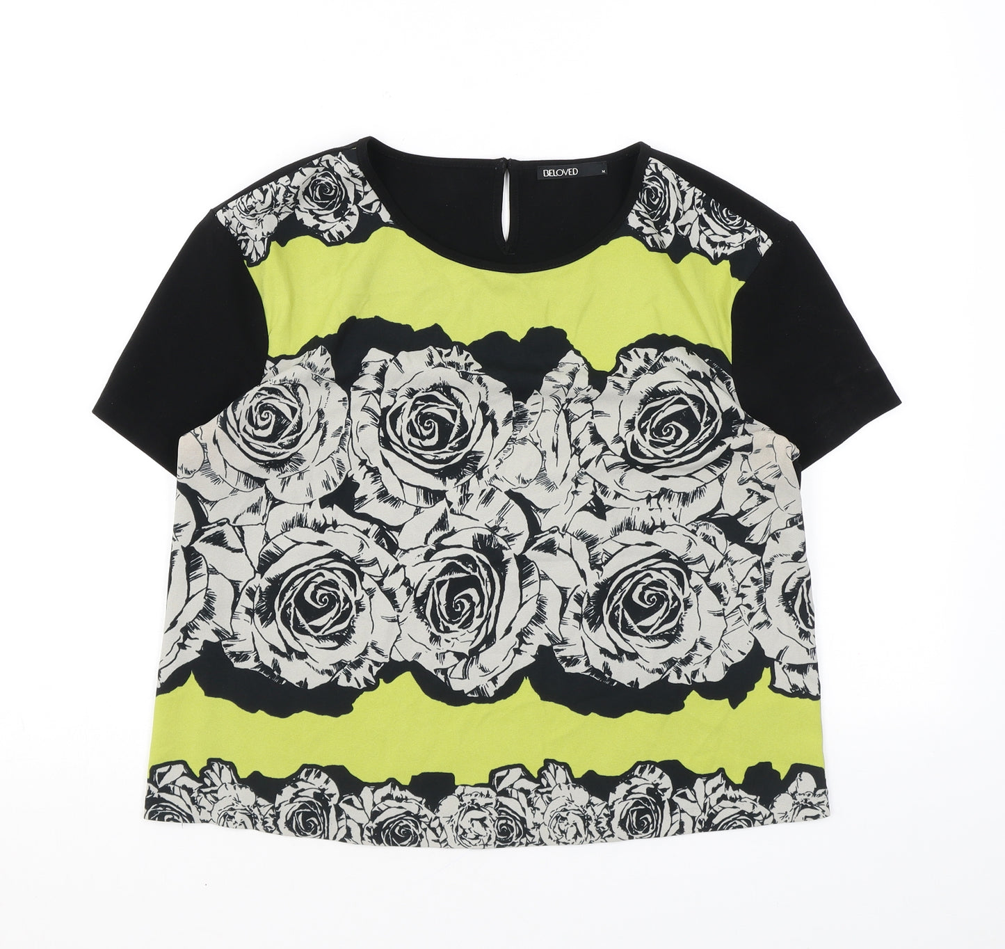 Beloved Womens Black Geometric Polyester Basic Blouse Size M Round Neck - Roses