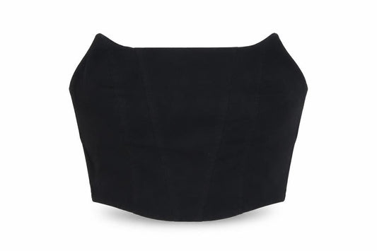 Front view of ASOS women’s black viscose cropped blouse, size UK 12, off the shoulder - open back