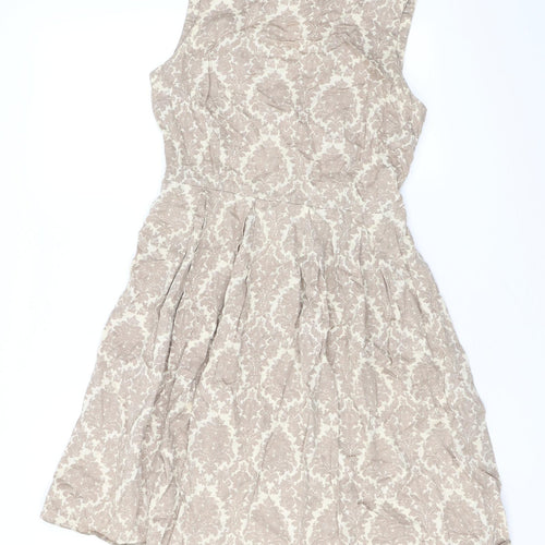 Dorothy Perkins Womens Brown Floral Cotton Skater Dress Size 12 Round Neck Zip