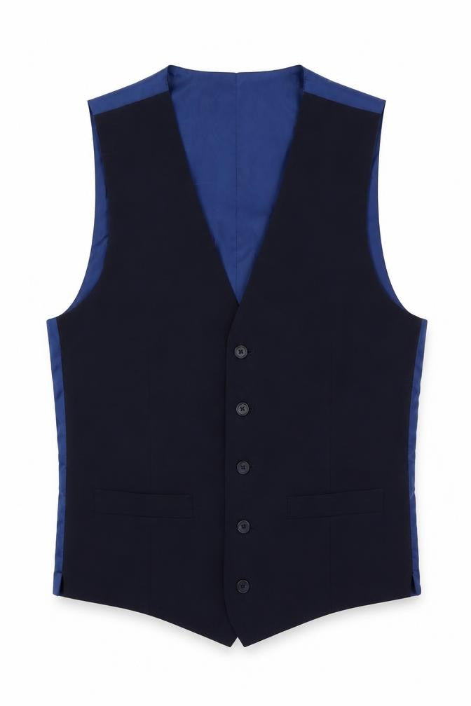 Front view of Marks & Spencer men’s blue polyester jacket suit waistcoat, size 38, regular