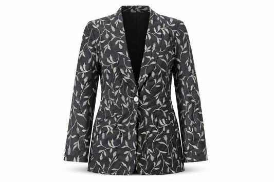 Front view of Affinity women’s grey floral jacket blazer, size UK 12, button
