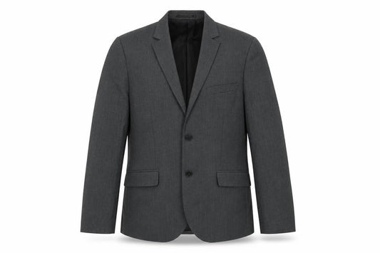 Front view of H&M men’s grey polyester jacket suit jacket, size 36, regular