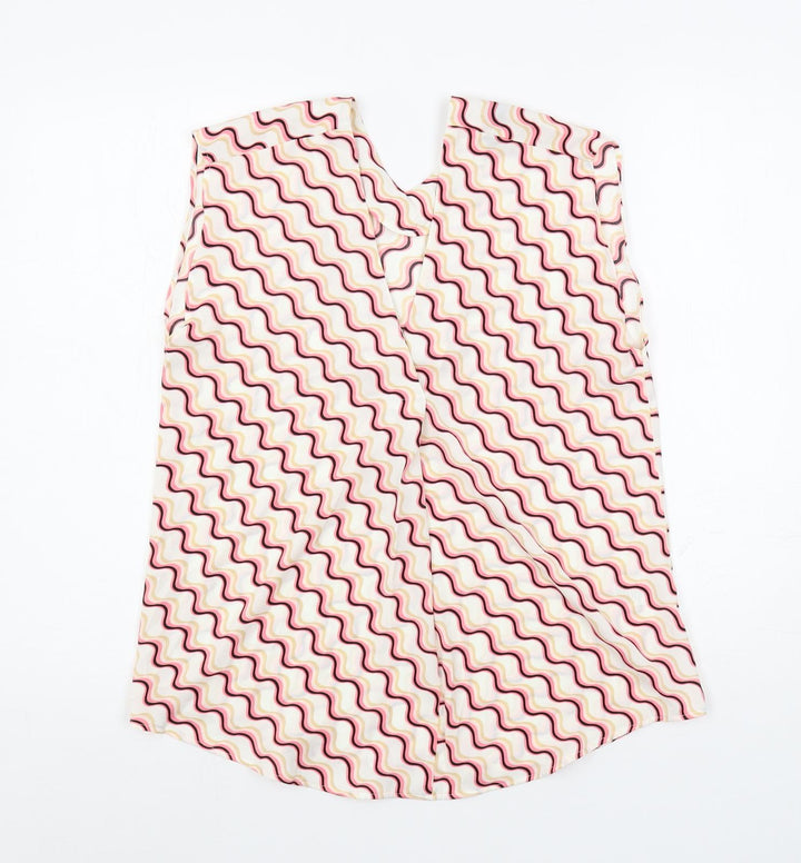 Marks and Spencer Womens White Geometric Polyester Basic Blouse Size 8 V-Neck