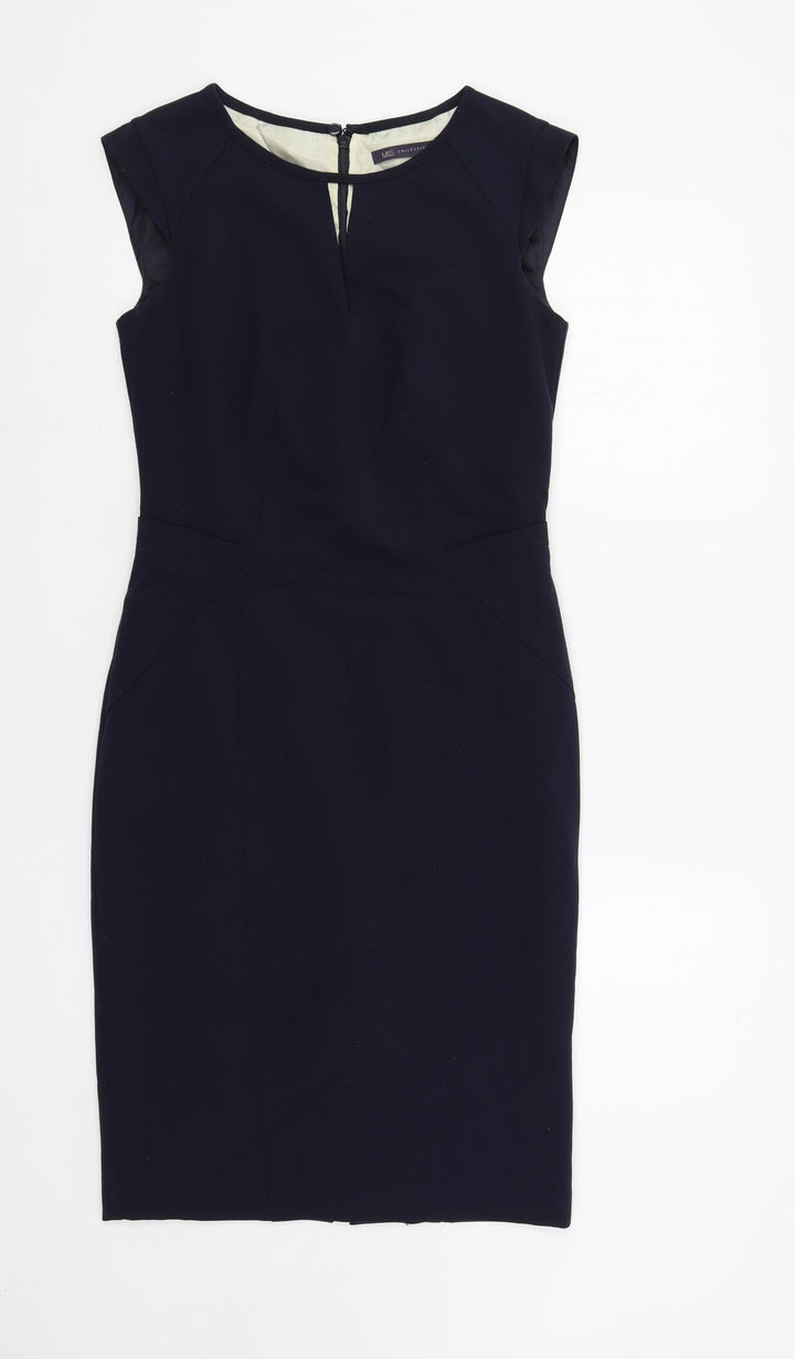 Marks and Spencer Womens Blue Polyester Pencil Dress Size 8 Boat Neck Zip