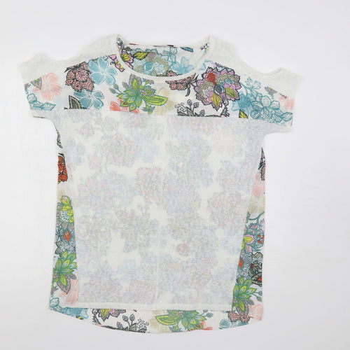 NEXT Womens White Floral Polyester Basic Blouse Size 14 Round Neck - Cold Shoulder