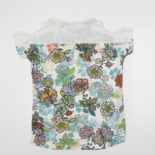 NEXT Womens White Floral Polyester Basic Blouse Size 14 Round Neck - Cold Shoulder