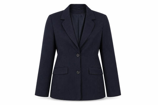Front view of Bay women’s blue striped jacket blazer, size UK 10, button