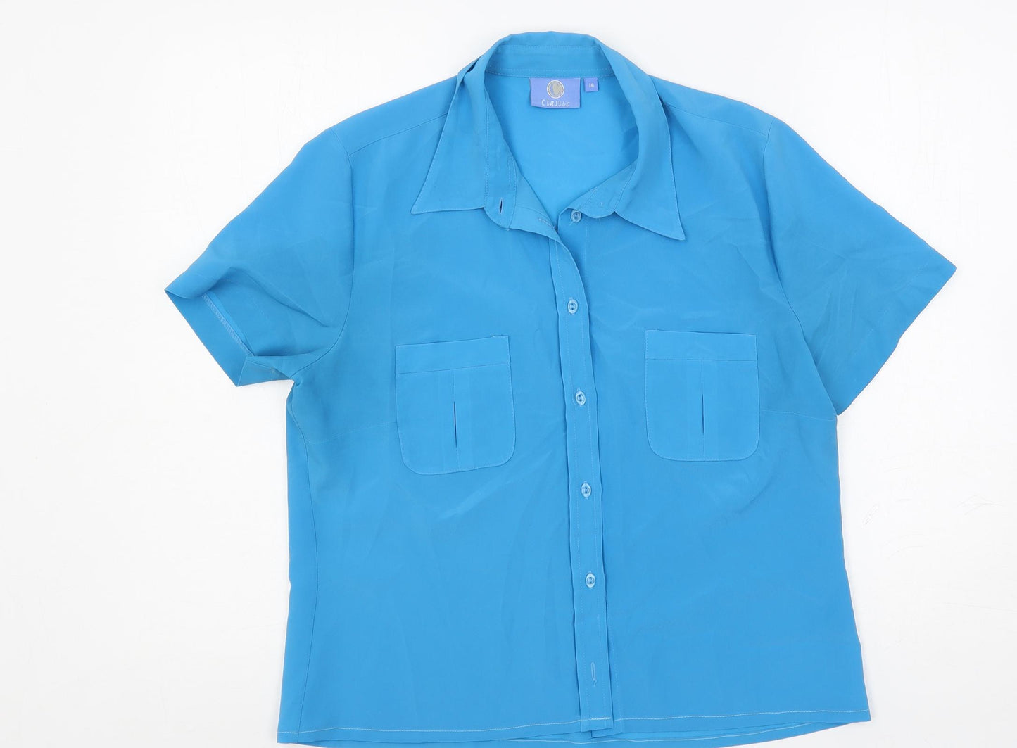Classic Womens Blue Polyester Basic Button-Up Size 14 Collared