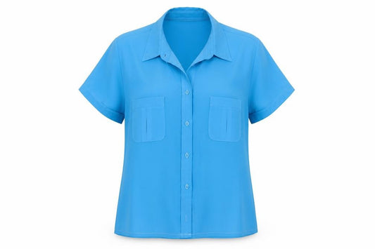 Front view of Classics women’s blue polyester basic button-up, size UK 14, collared