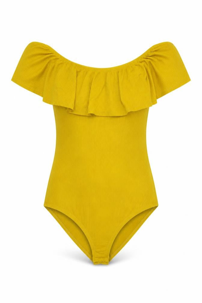 Front view of Very women’s yellow polyester bodysuit one-piece, size UK 8, snap - ribbed