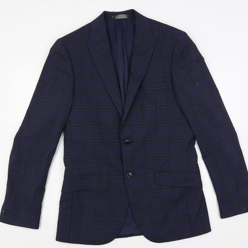 Marks and Spencer Mens Blue Plaid Polyester Jacket Suit Jacket Size 38 Regular