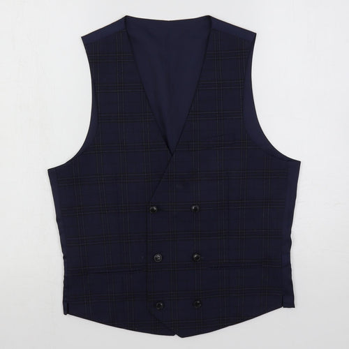 Marks and Spencer Mens Blue Plaid Polyester Jacket Suit Waistcoat Size 36 Regular