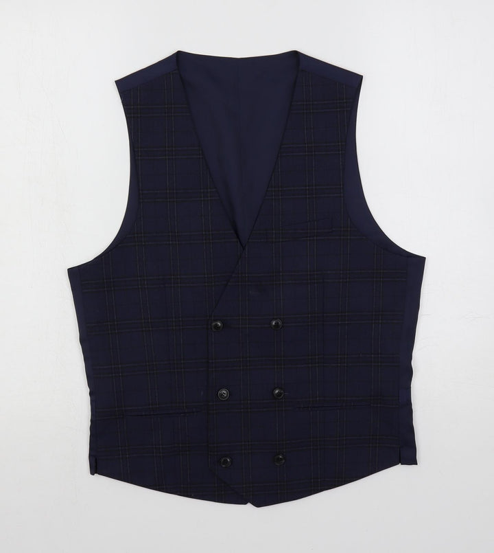 Marks and Spencer Mens Blue Plaid Polyester Jacket Suit Waistcoat Size 36 Regular