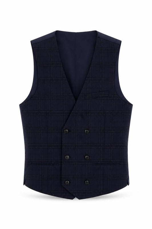 Front view of Marks & Spencer men’s blue plaid polyester jacket suit waistcoat, size 36, regular