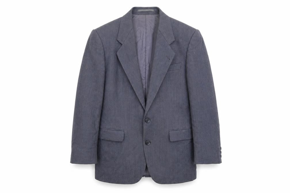 Front view of Burton men’s blue striped wool jacket suit jacket, size 36, regular