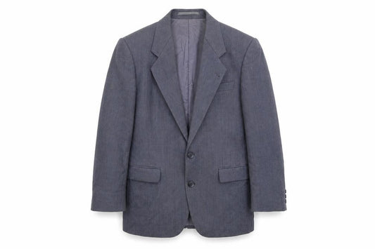 Front view of Burton men’s blue striped wool jacket suit jacket, size 36, regular