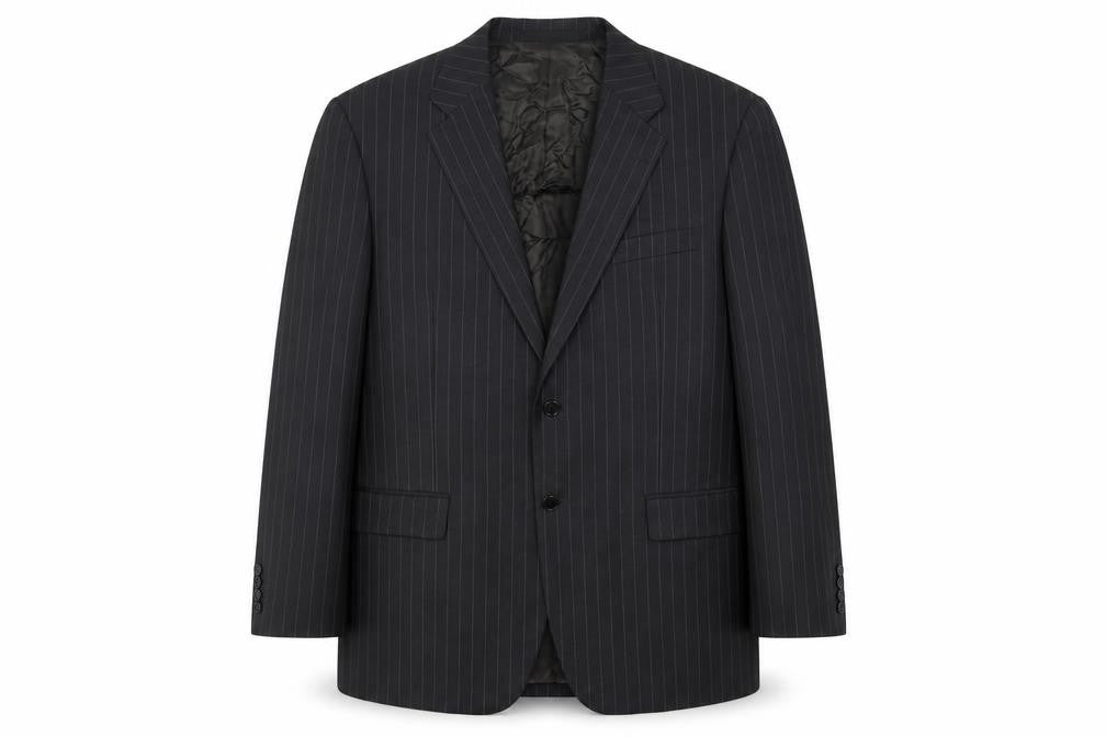 Front view of Marks & Spencer men’s black striped wool jacket suit jacket, size 44, regular