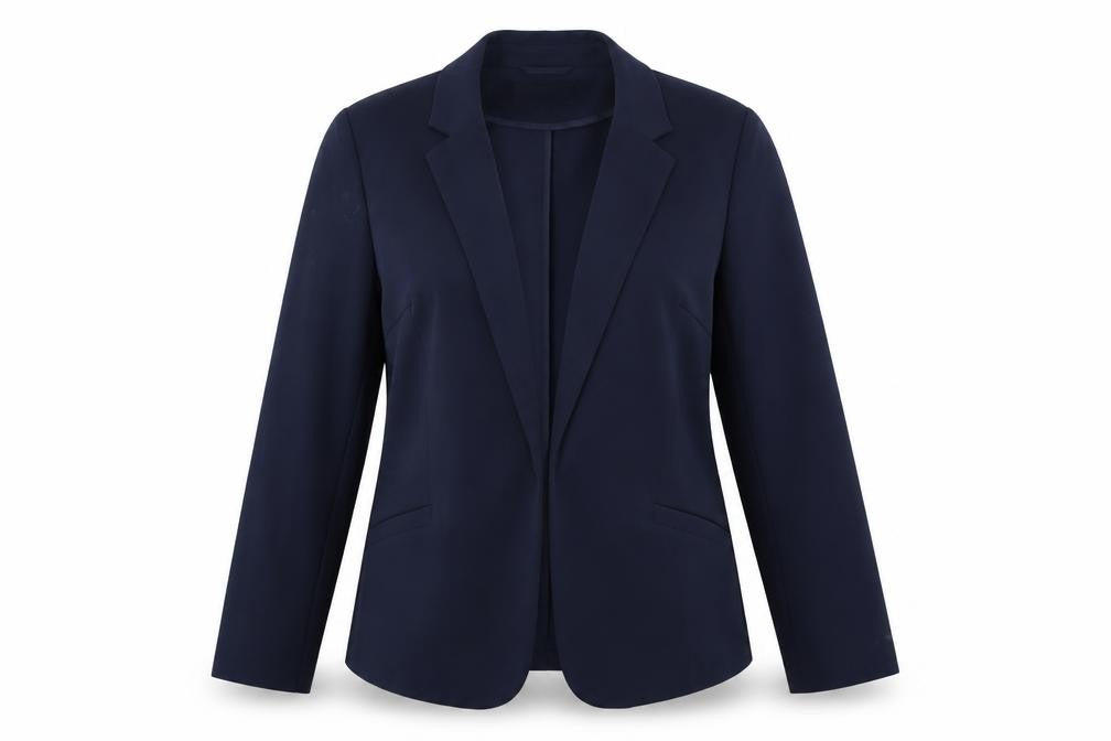 Front view of H&M women’s blue jacket blazer, size UK 12, - open