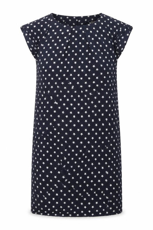 Front view of Vero Moda women’s blue geometric cotton a-line, size M, round neck button - star print