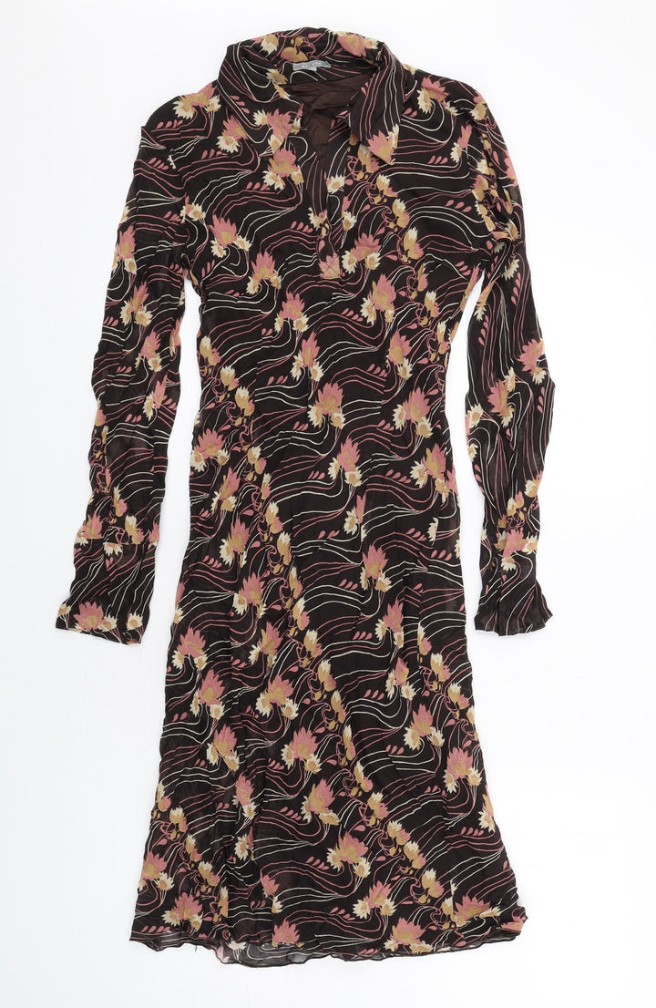 Per Una Womens Brown Geometric Viscose A-Line Size 8 Collared Pullover