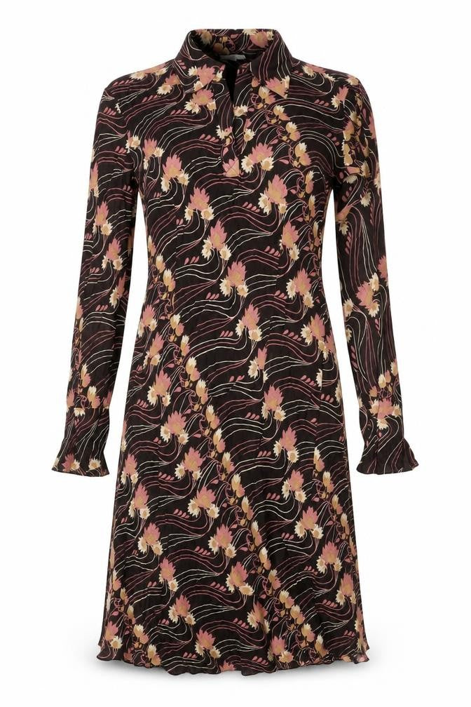 Front view of Per Una women’s brown geometric viscose a-line, size UK 8, collared pullover