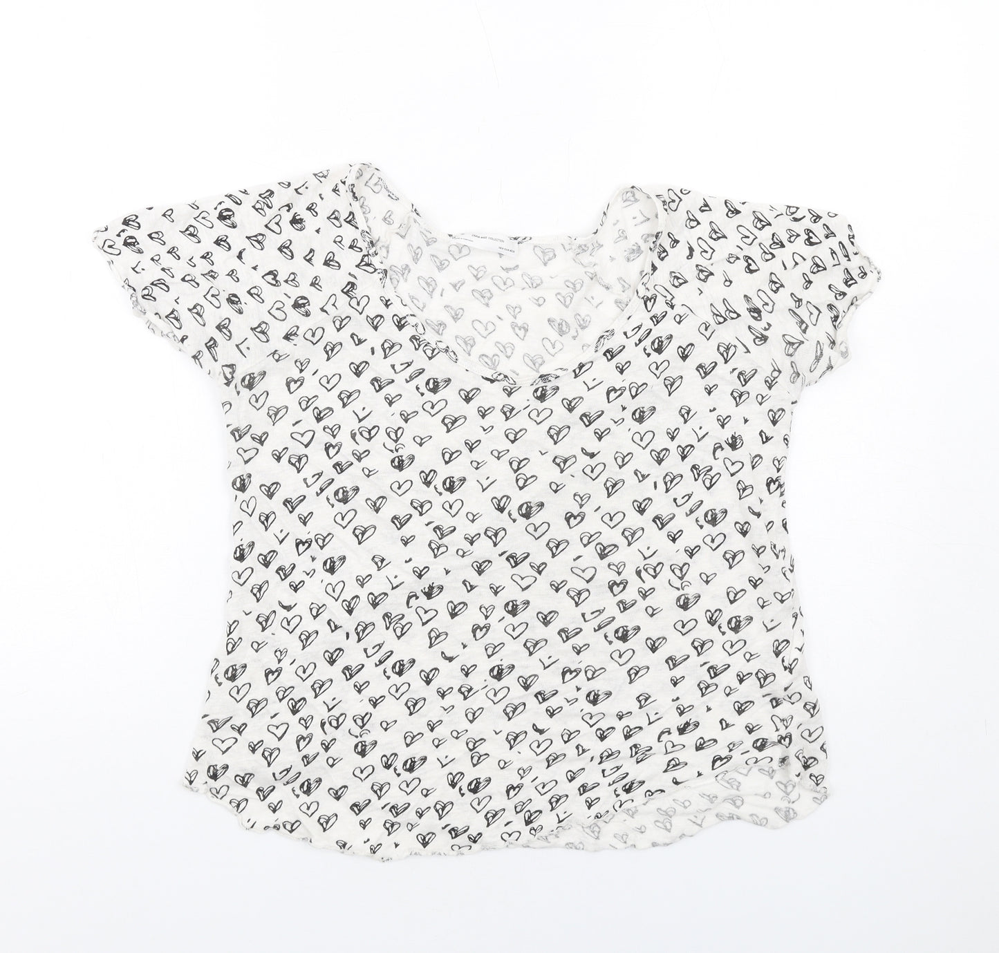 Zara Womens White Geometric Linen Basic T-Shirt Size M Scoop Neck - Heart Print