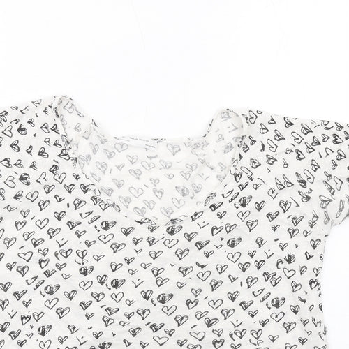 Zara Womens White Geometric Linen Basic T-Shirt Size M Scoop Neck - Heart Print
