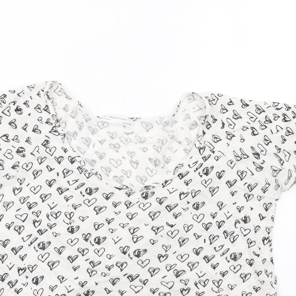 Zara Womens White Geometric Linen Basic T-Shirt Size M Scoop Neck - Heart Print