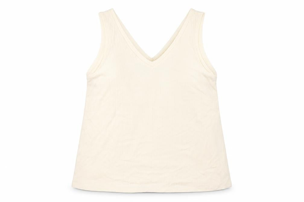 Front view of Marks & Spencer women’s ivory viscose basic tank, size UK 14, v-neck