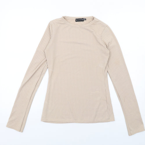 PRETTYLITTLETHING Womens Beige Polyester Basic T-Shirt Size 10 Round Neck