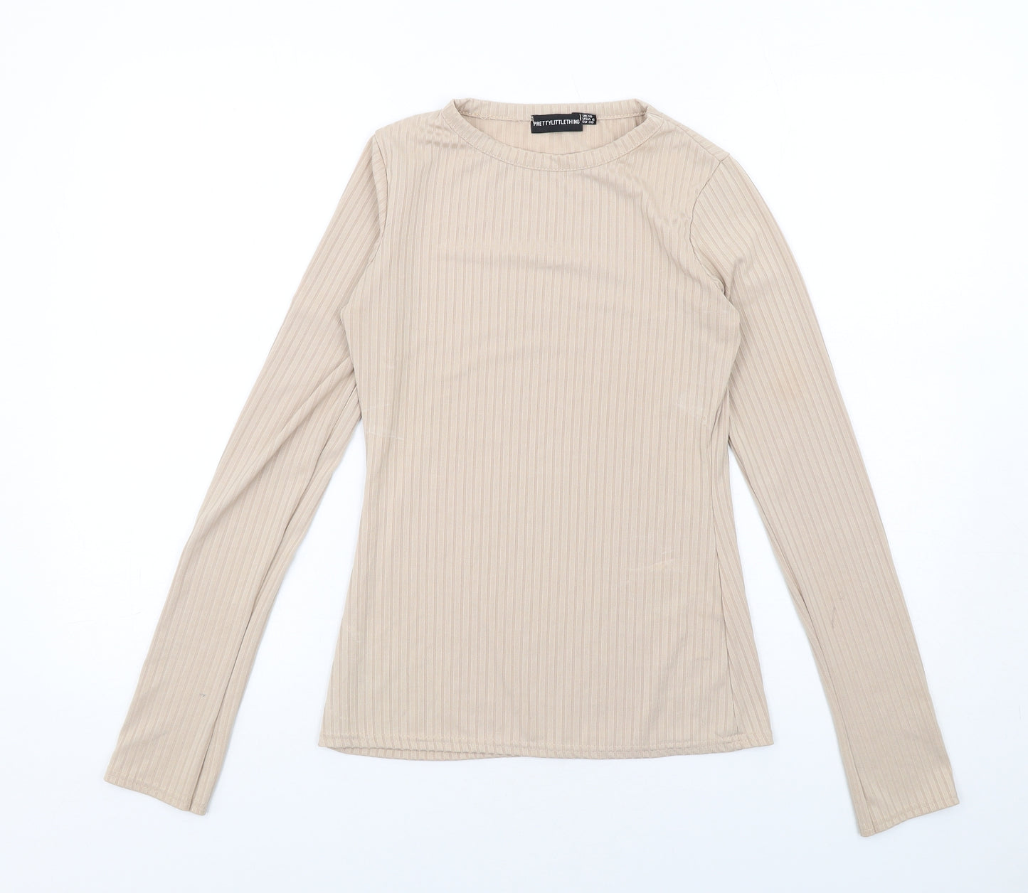 PRETTYLITTLETHING Womens Beige Polyester Basic T-Shirt Size 10 Round Neck